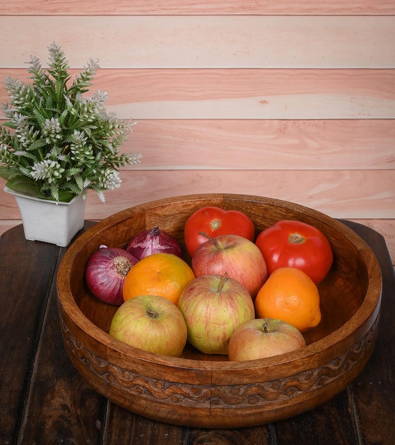 EDHAS Mango Wood Decorative Round Carved Bowl for Decoration, Centerpiece Bowl for Table (10" x 10" x 2.5") - Image 4